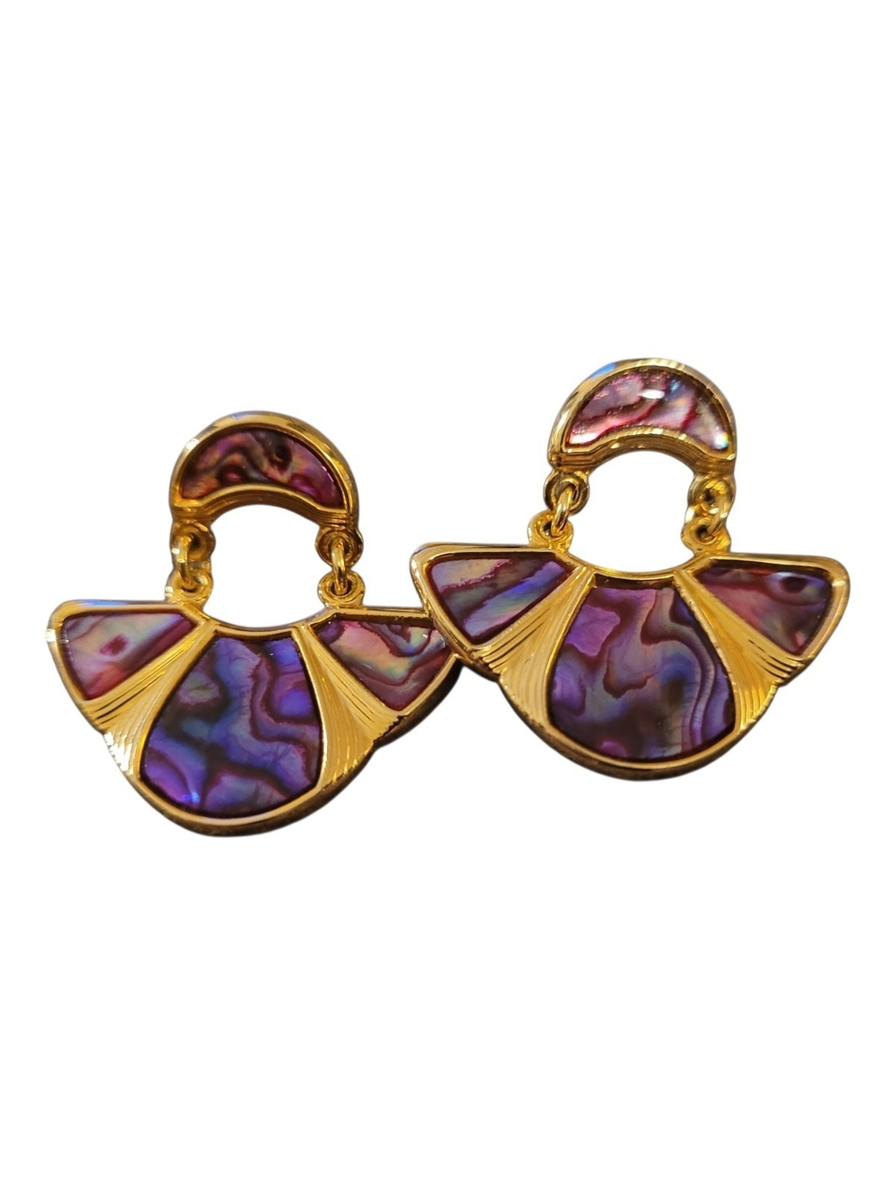 Vintage 1980's Art-Deco Gold-Tone Purple Abalone Fan Earrings